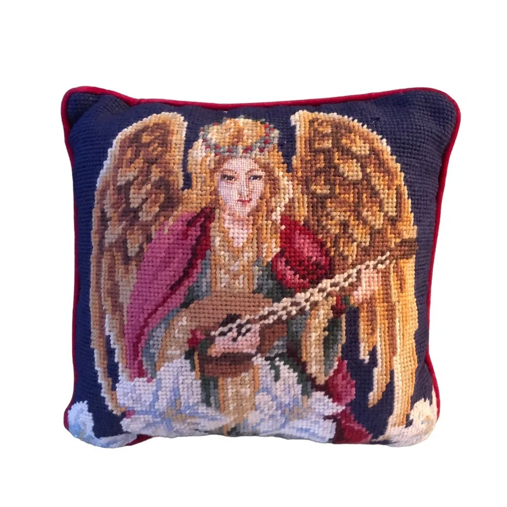 Needlepoint Holiday Christmas Angel Guitar Pillow 9” Square Blue Red Velvet Vtg